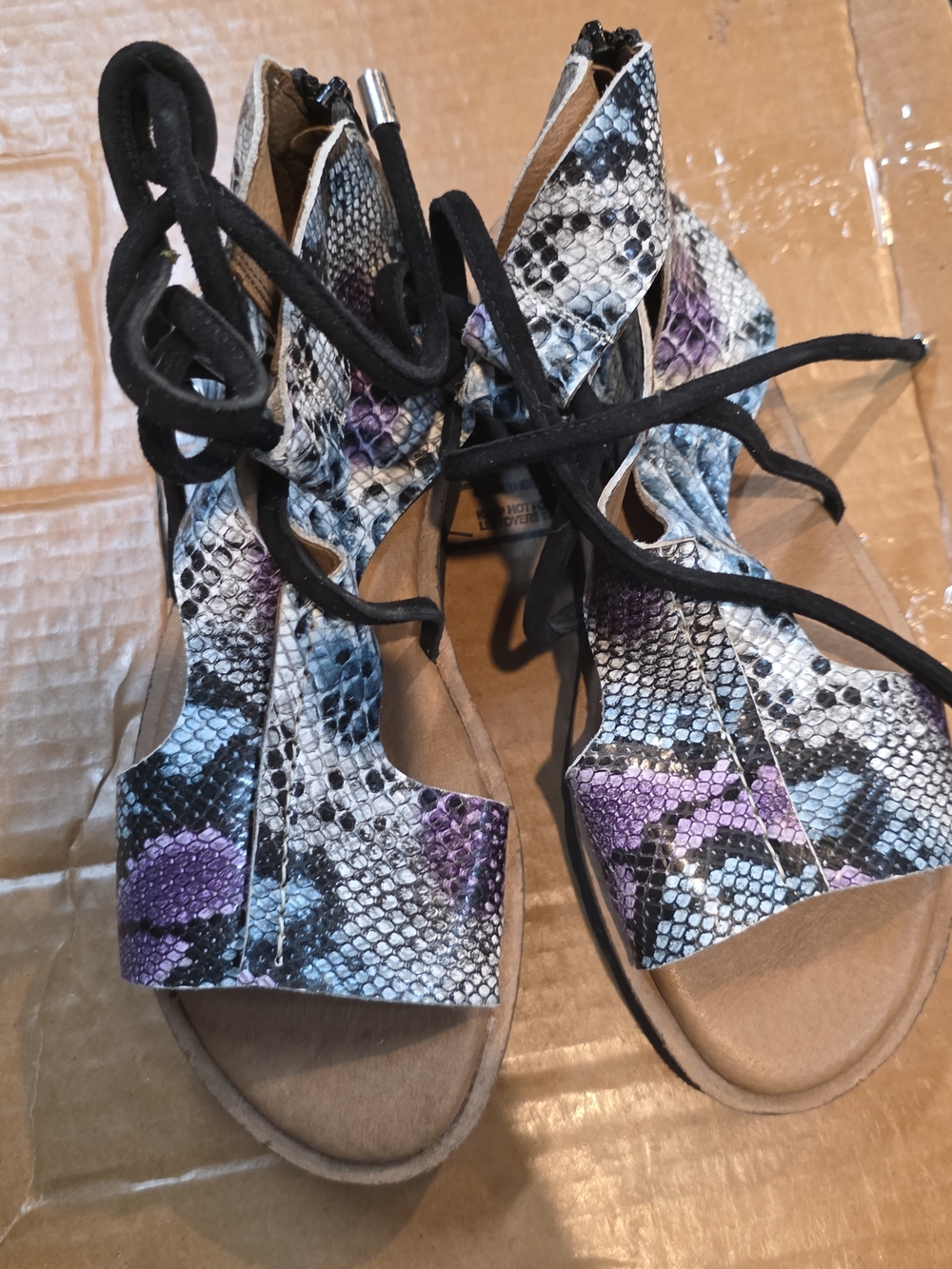 Free People Snake-Print Lace-Up Sandals in Purple, Blue and Black
